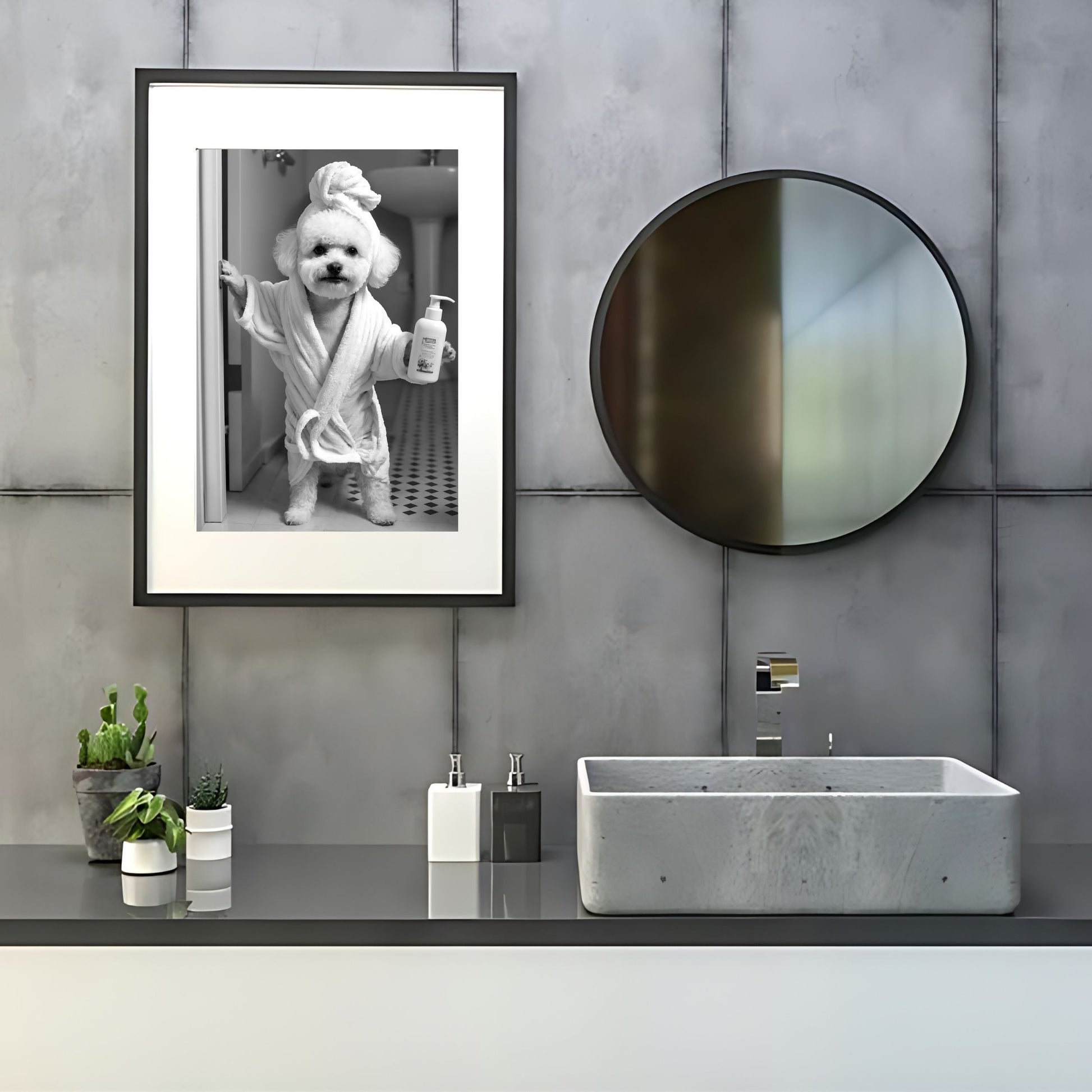 Quirky animal humor with a Bichon wall art for toilet wall decor.
Bathtime art featuring a Bichon Frise in a tub for washroom decor.