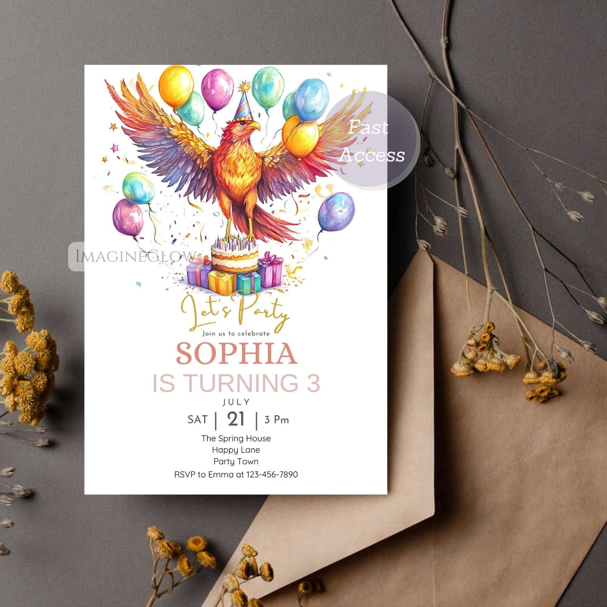 Legendary phoenix birthday party invitation for kids