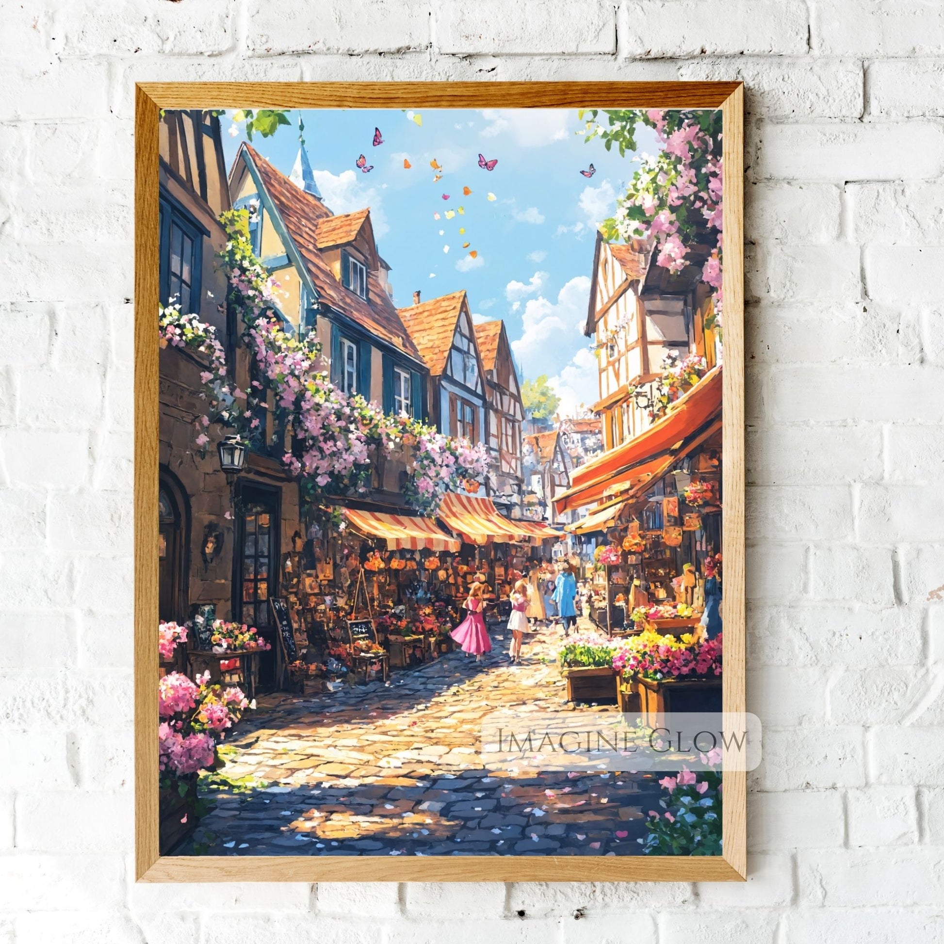 Hand-drawn old town summer scene with cobblestone streets and sunlight.