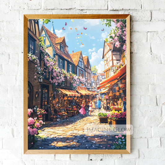 Hand-drawn old town summer scene with cobblestone streets and sunlight.