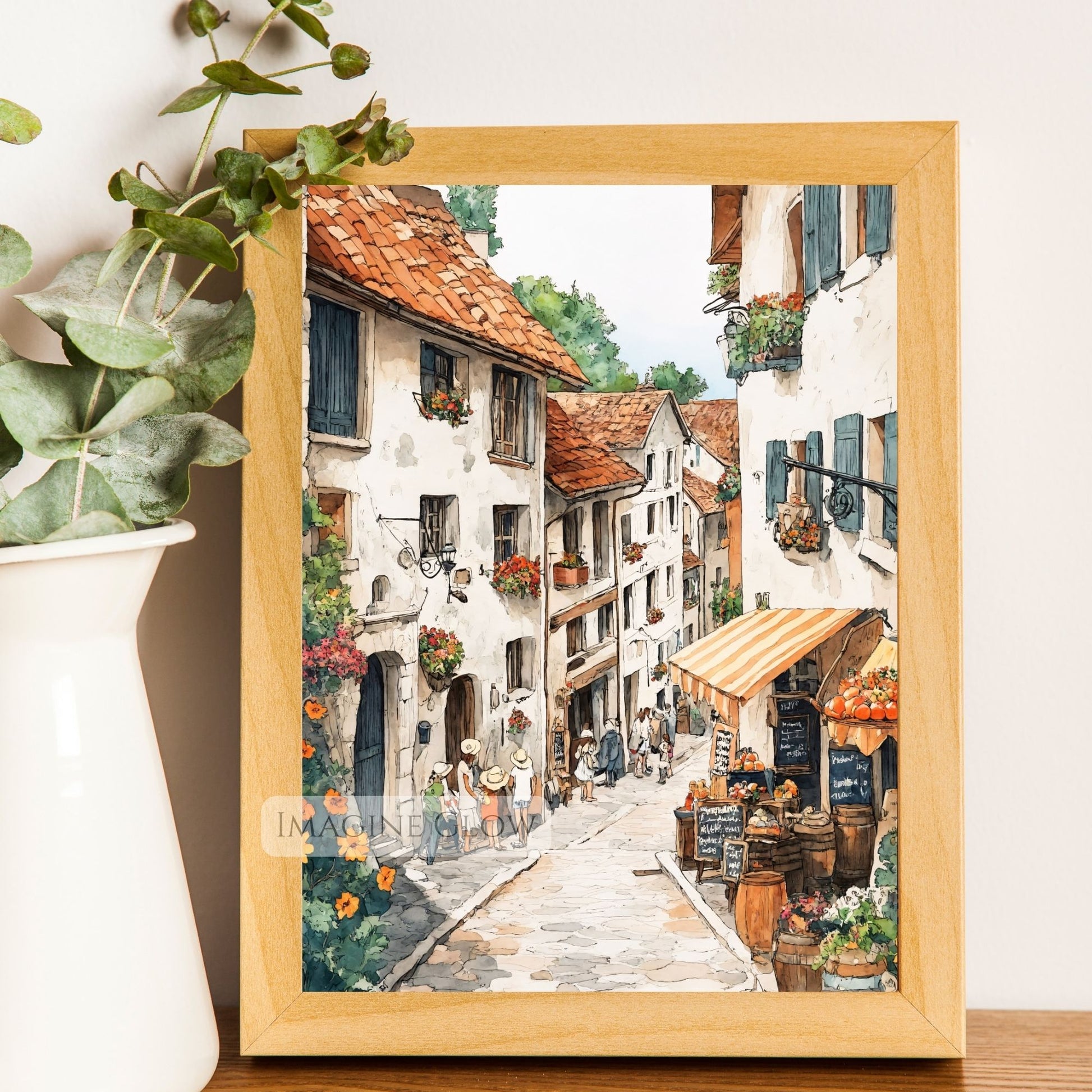 Charming European-style market scene with flowers and cobblestone streets.