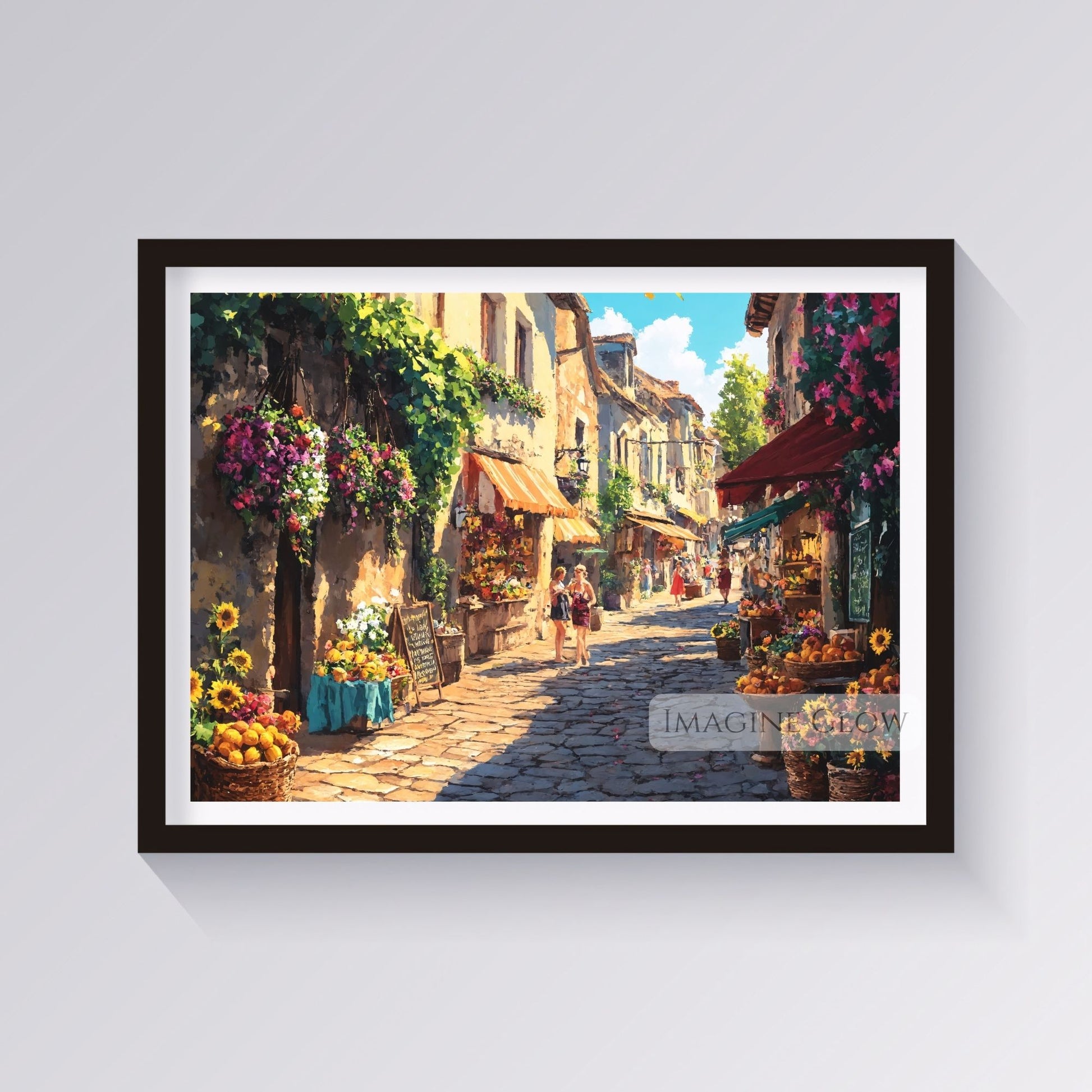 Pastel-colored cityscape with vibrant summer blooms and historic streets.