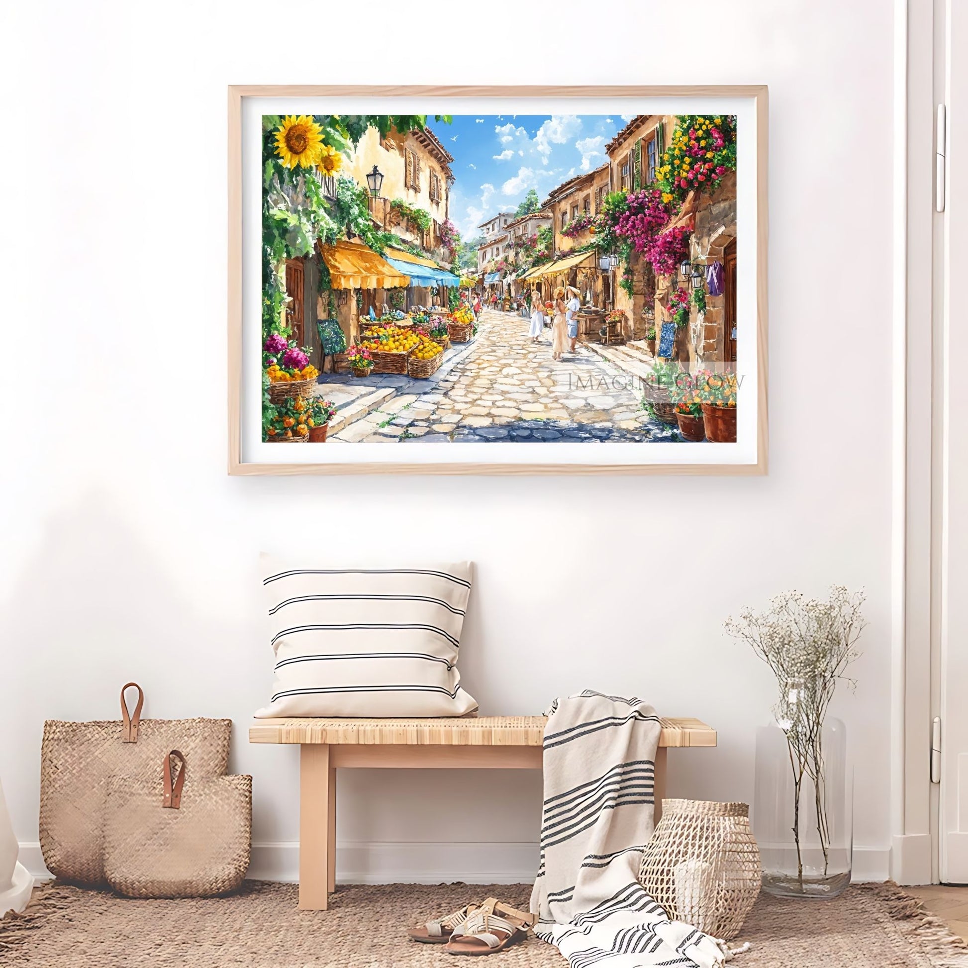 Sunlit town scene featuring a bustling fruit market and vibrant sunflowers.