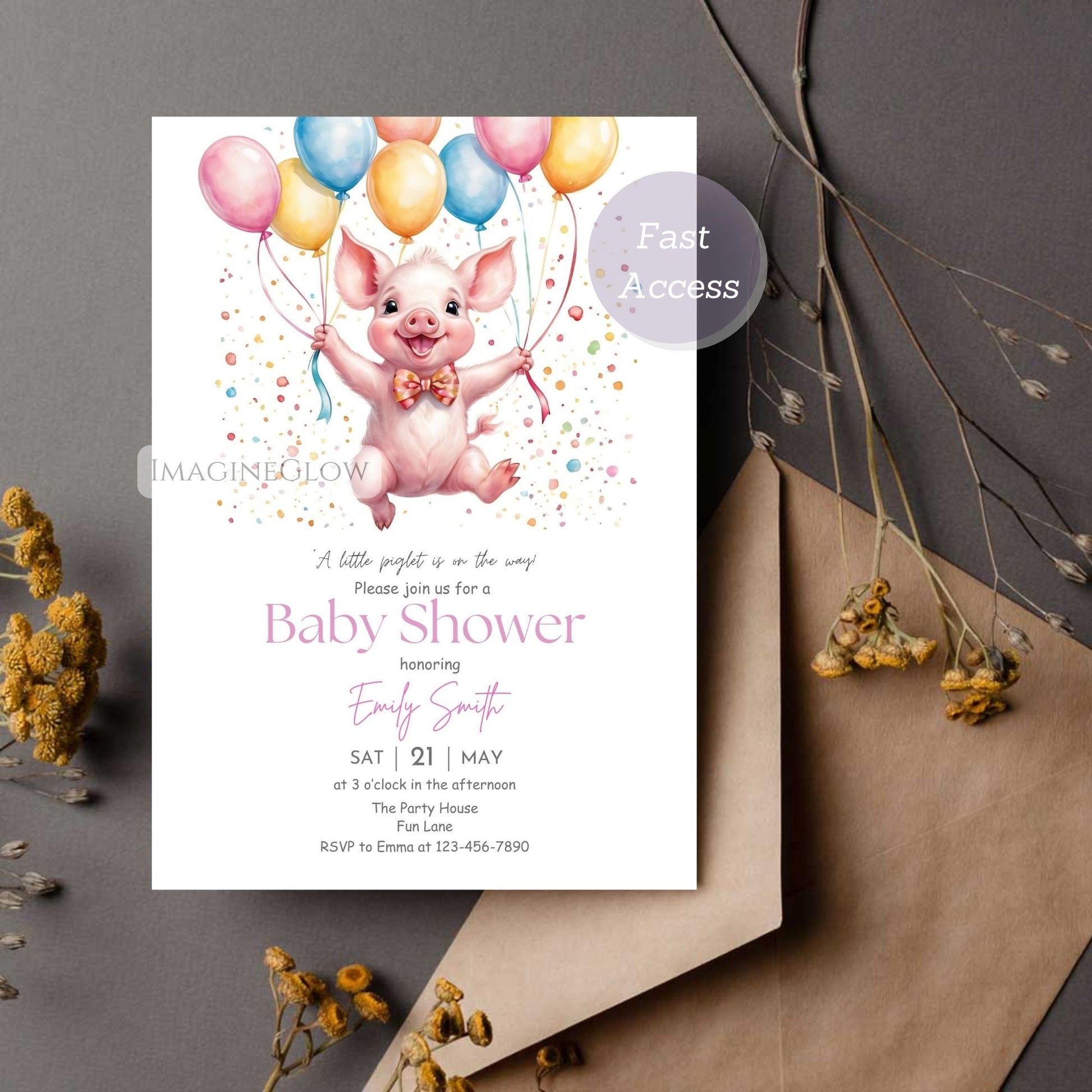 Sweet piglet baby shower invitation for an adorable baby celebration