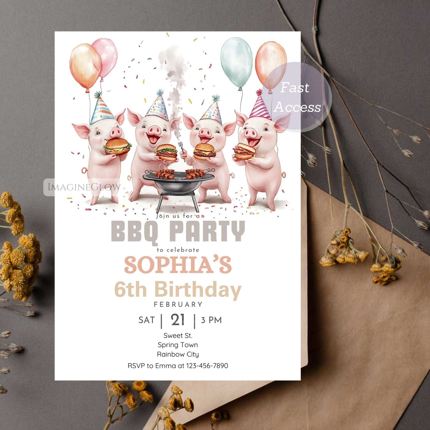 Digital piglet BBQ birthday invitation for instant download.