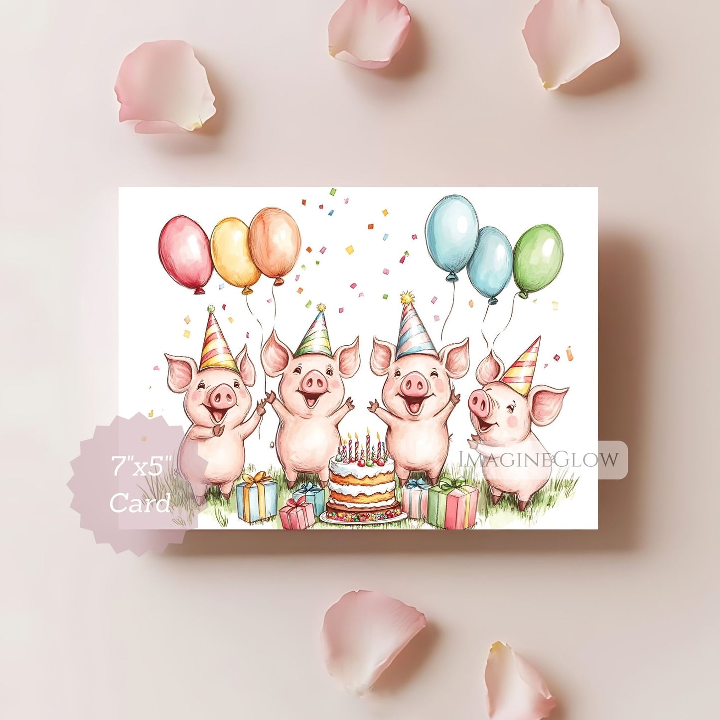 Birthday card with four pigs, balloons, and a cake on a light pink background.