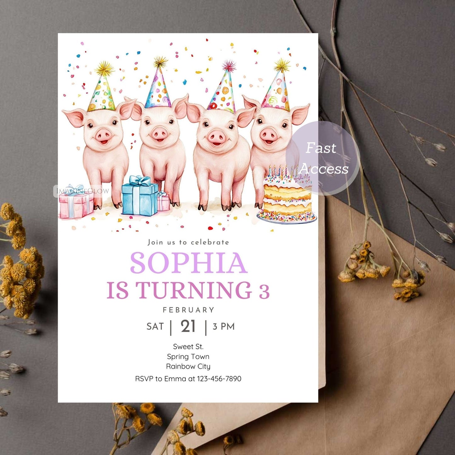 Customizable piglet birthday invitation for kids' party