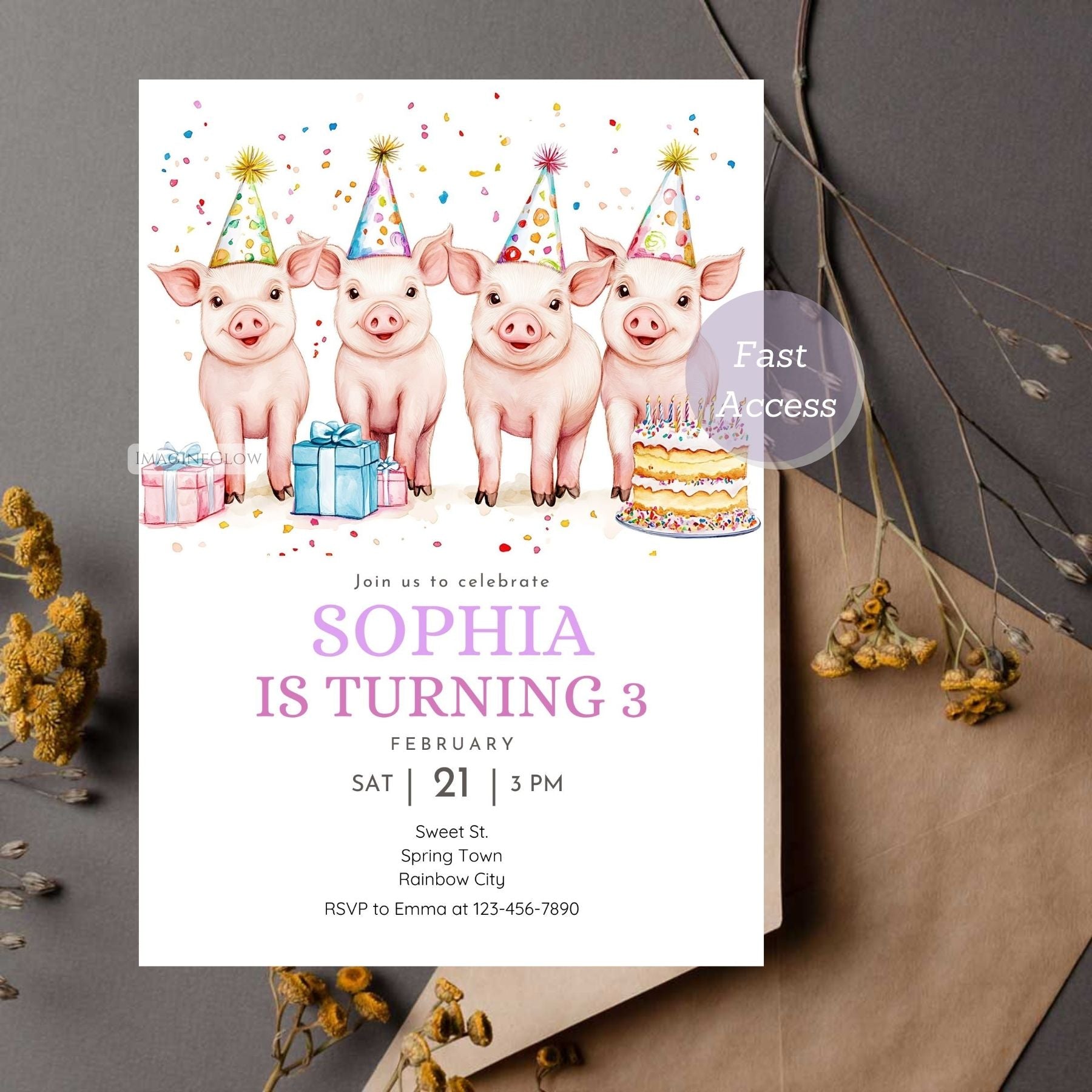 Customizable piglet birthday invitation for kids' party