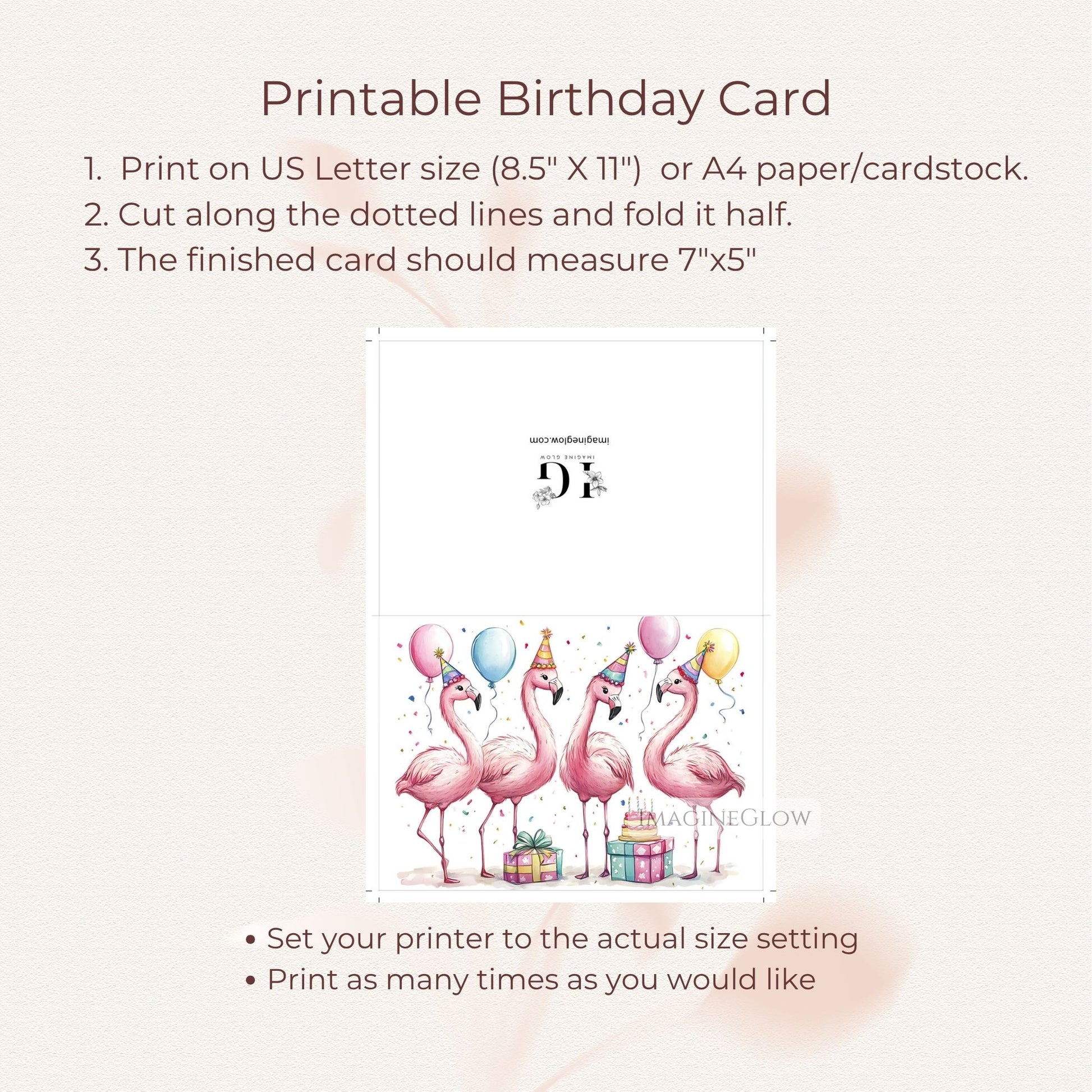 nature lover birthday card
printable birthday card
blank inside birthday card
pink flamingo illustration
tropical themed birthday card
graceful flamingos card