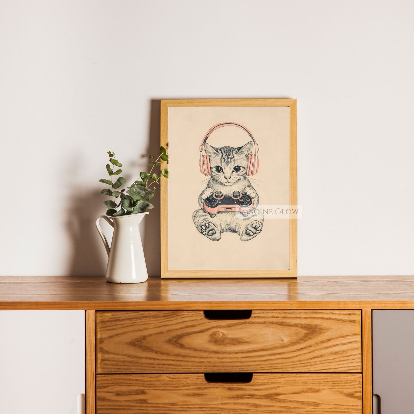 Cute cat holding a game controller wall art