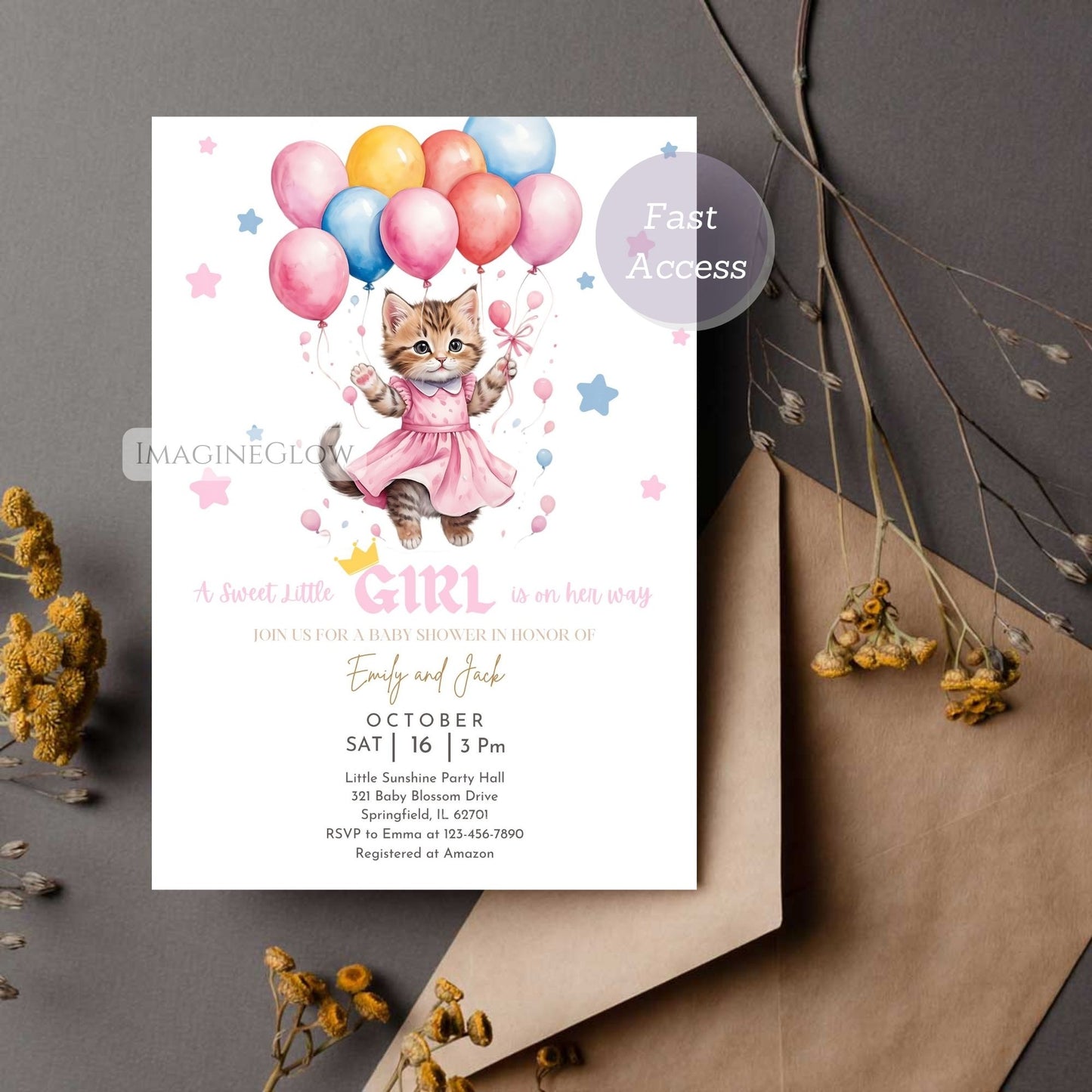 baby girl cat shower invite digital