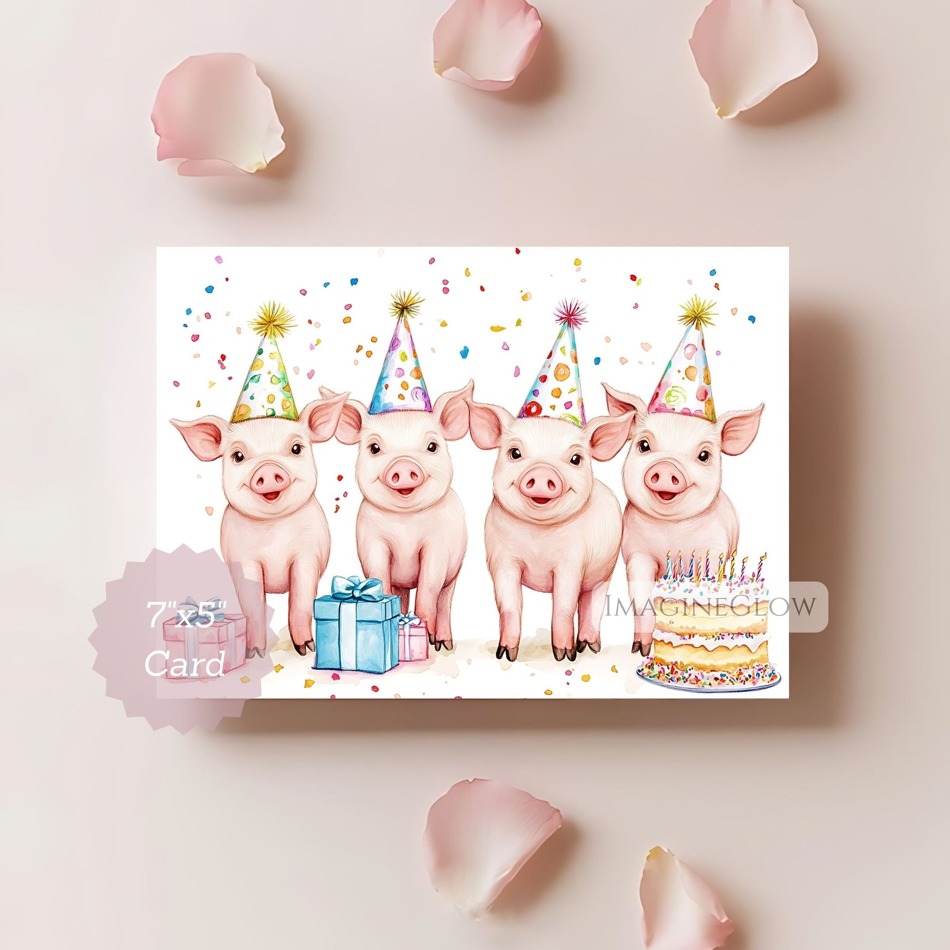Birthday card with four pigs wearing party hats on a white background