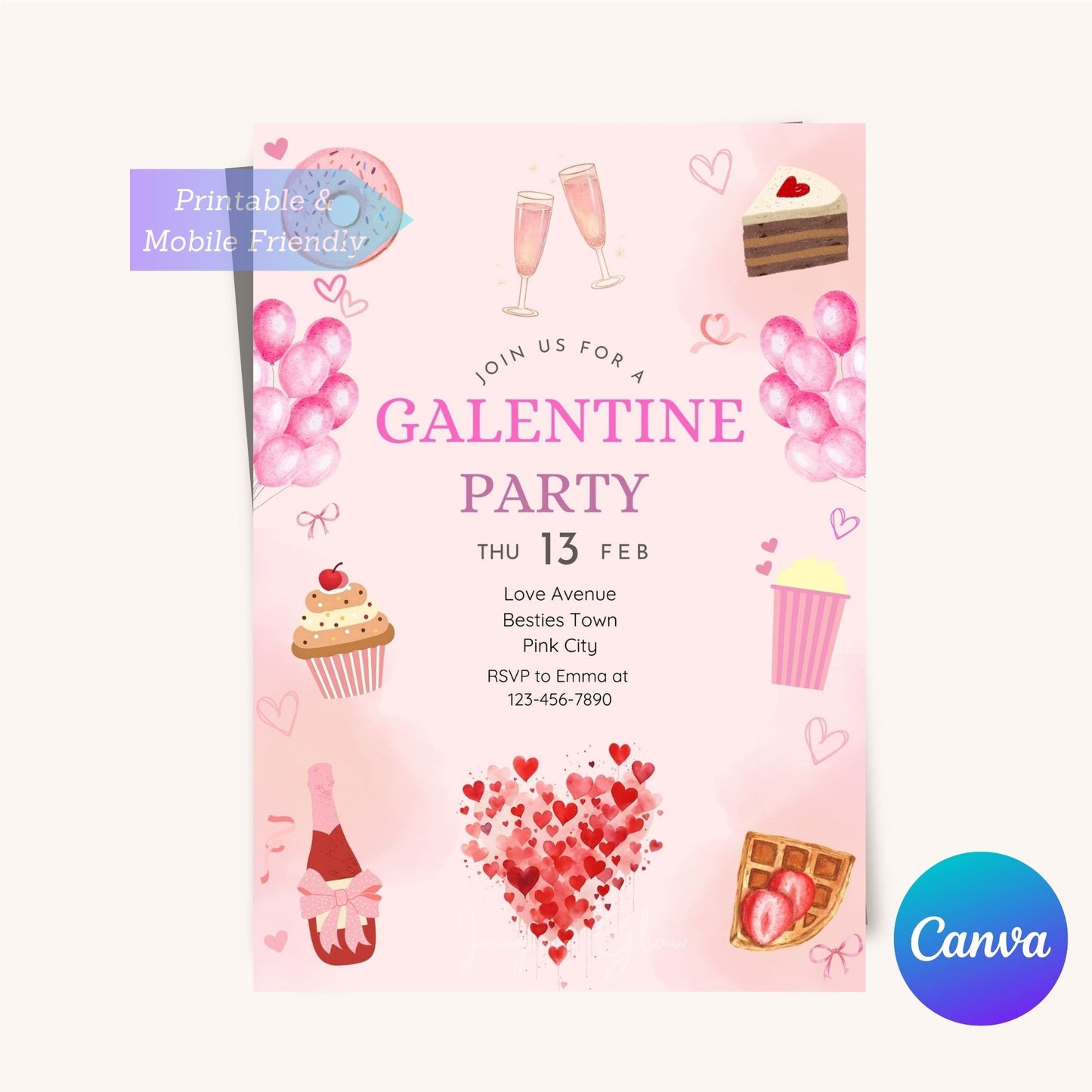 Printable Galentine’s party invitation for Valentine’s Day.
