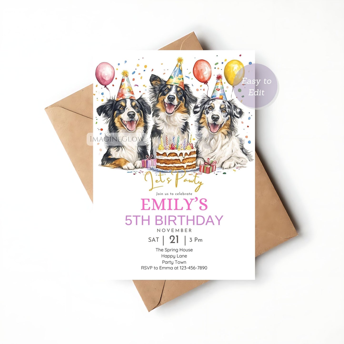 Adorable Australian Shepherd birthday invite with colorful design