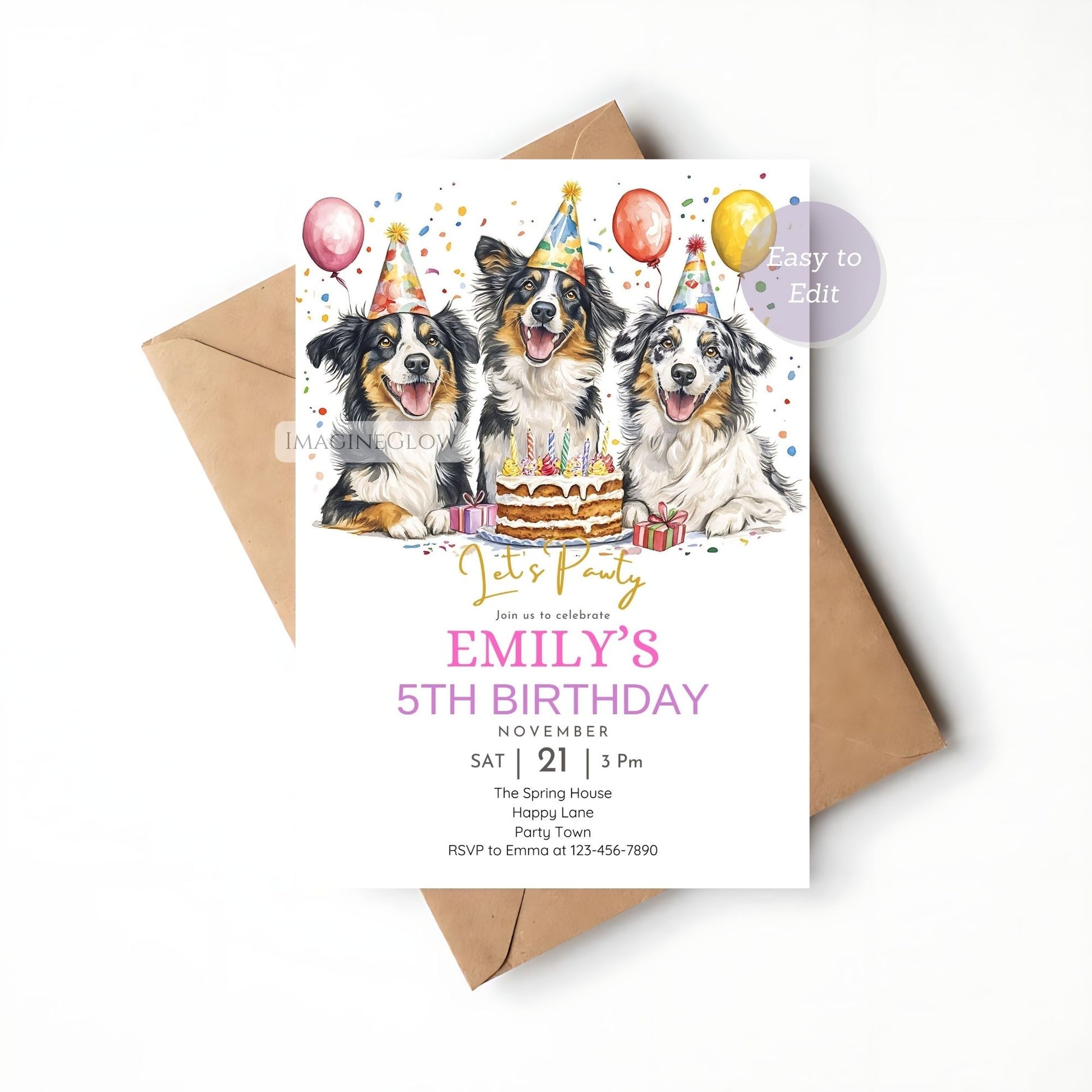 Adorable Australian Shepherd birthday invite with colorful design