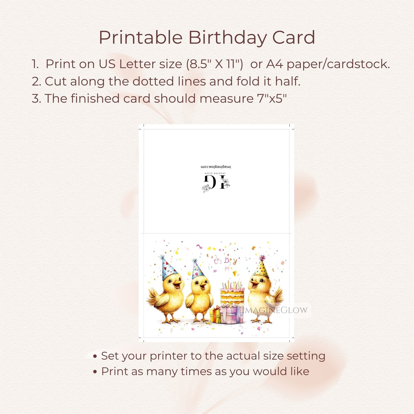 printable birthday card
blank inside birthday card
colorful chick illustration
playful baby bird card