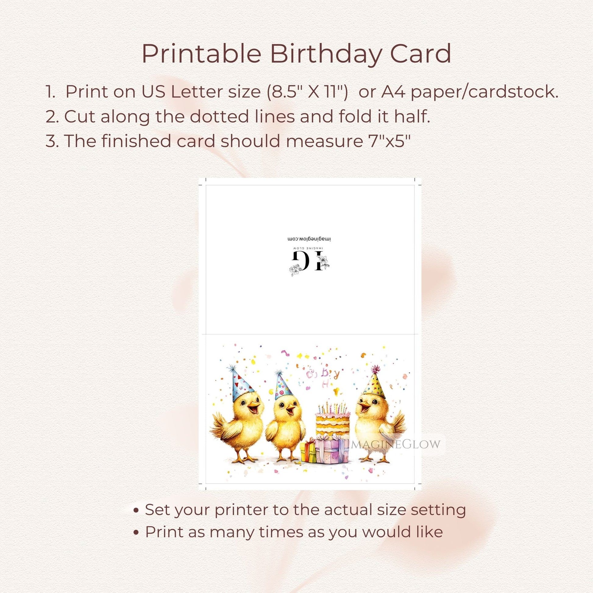 printable birthday card
blank inside birthday card
colorful chick illustration
playful baby bird card