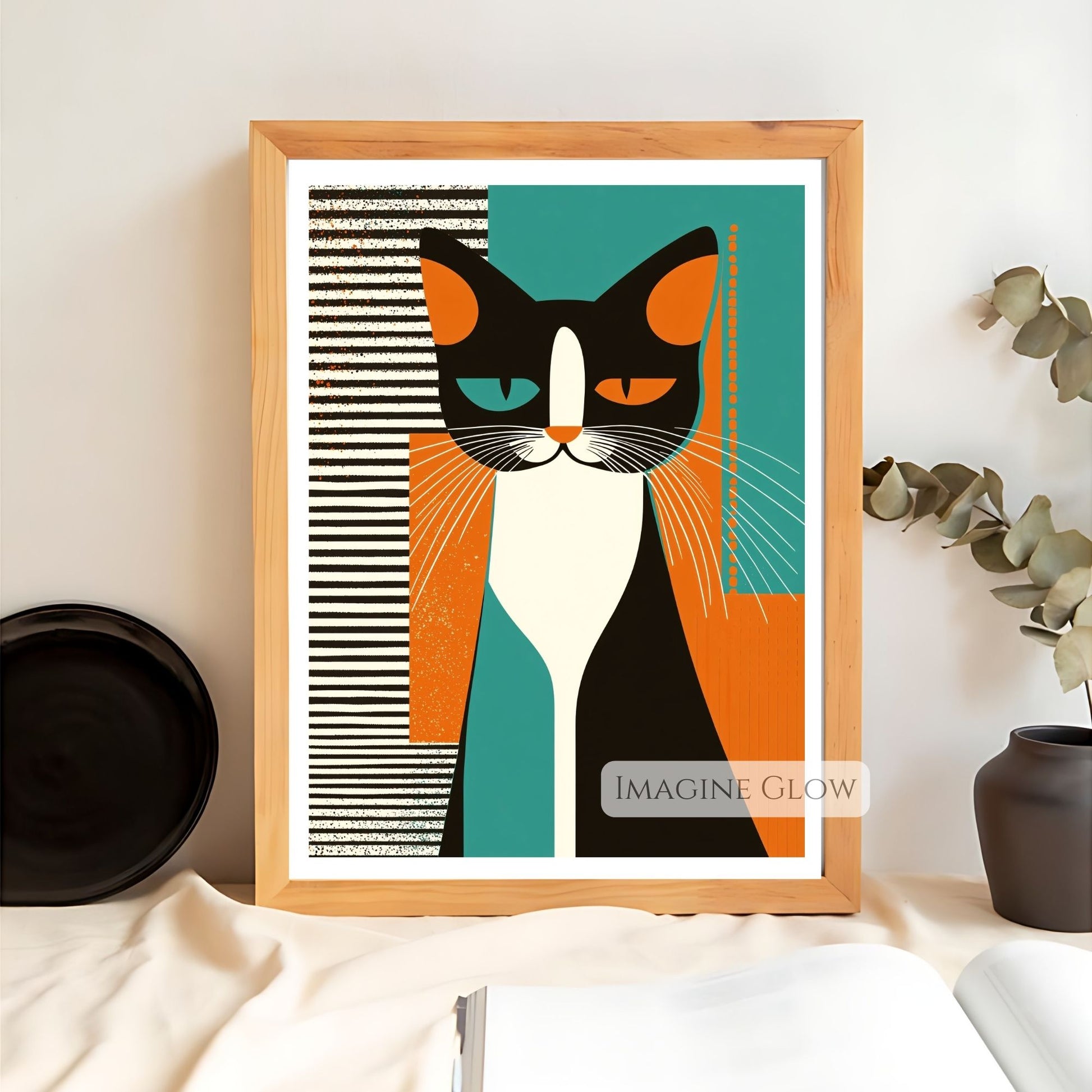 Playful digital cat art print for modern wall decor.