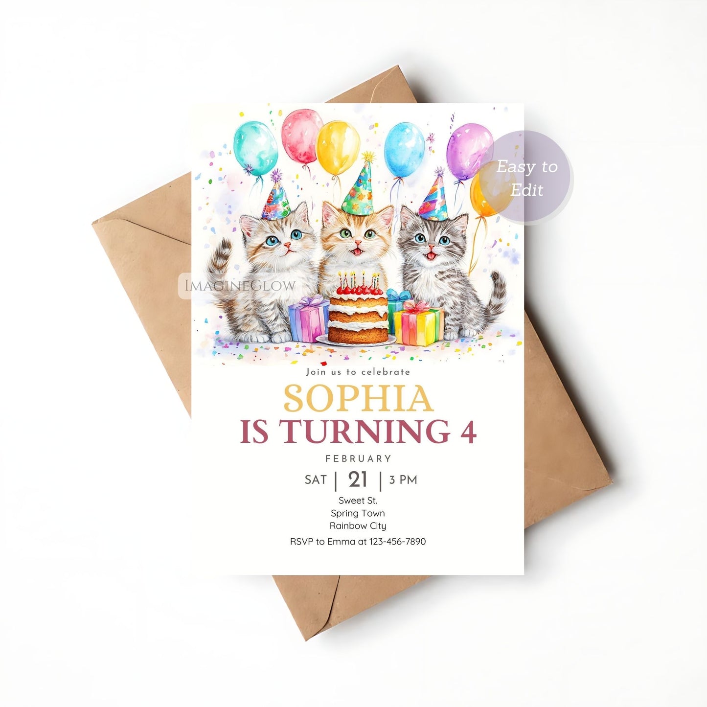 kitty birthday party invitation printable
cats with colorful balloons invitation
birthday invitation with cute cats