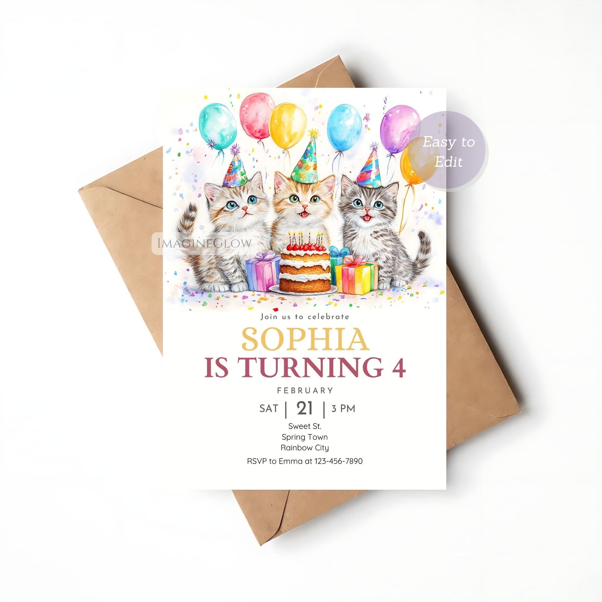kitty birthday party invitation printable
cats with colorful balloons invitation
birthday invitation with cute cats