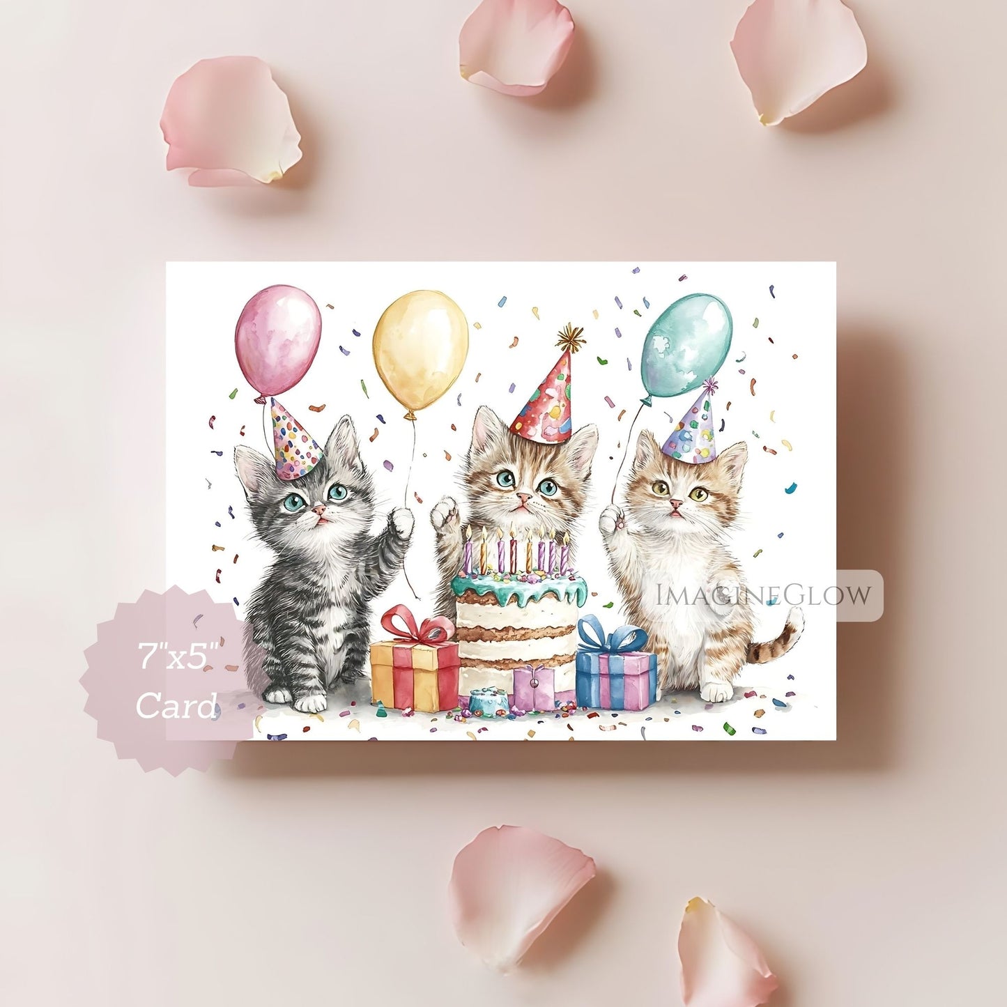 Card with kittens celebrating a birthday, surrounded by balloons and confetti on a light pink background.