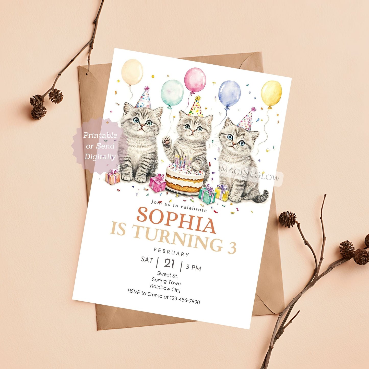 Cute cats birthday invitation with balloons