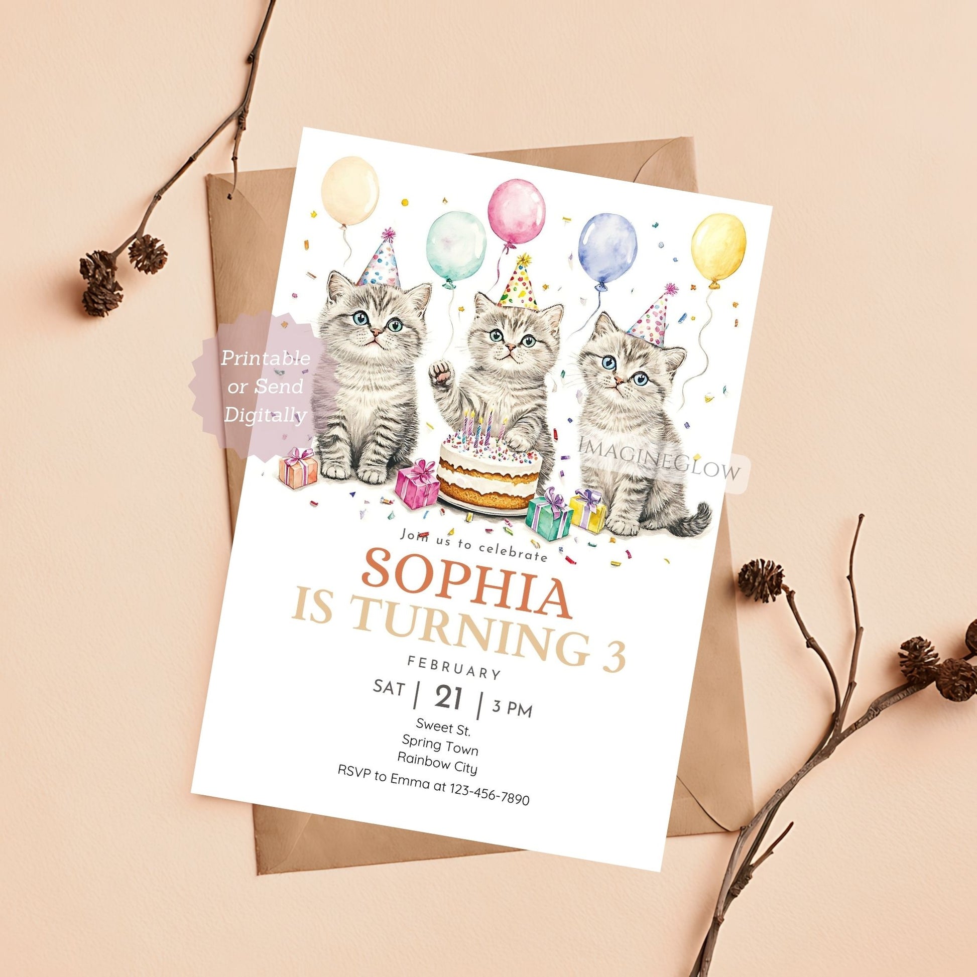 Cute cats birthday invitation with balloons