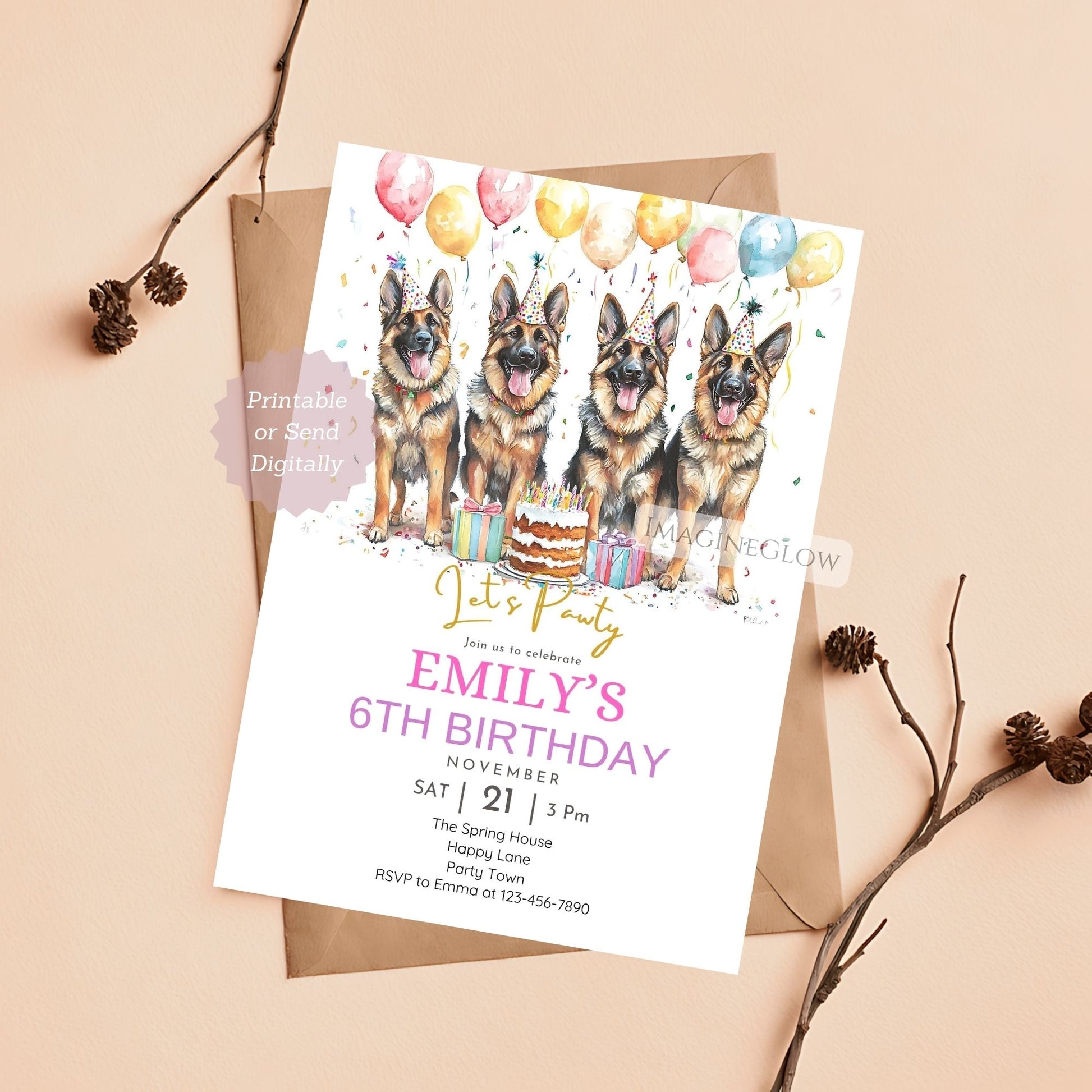 Four German Shepherds birthday invitation printable