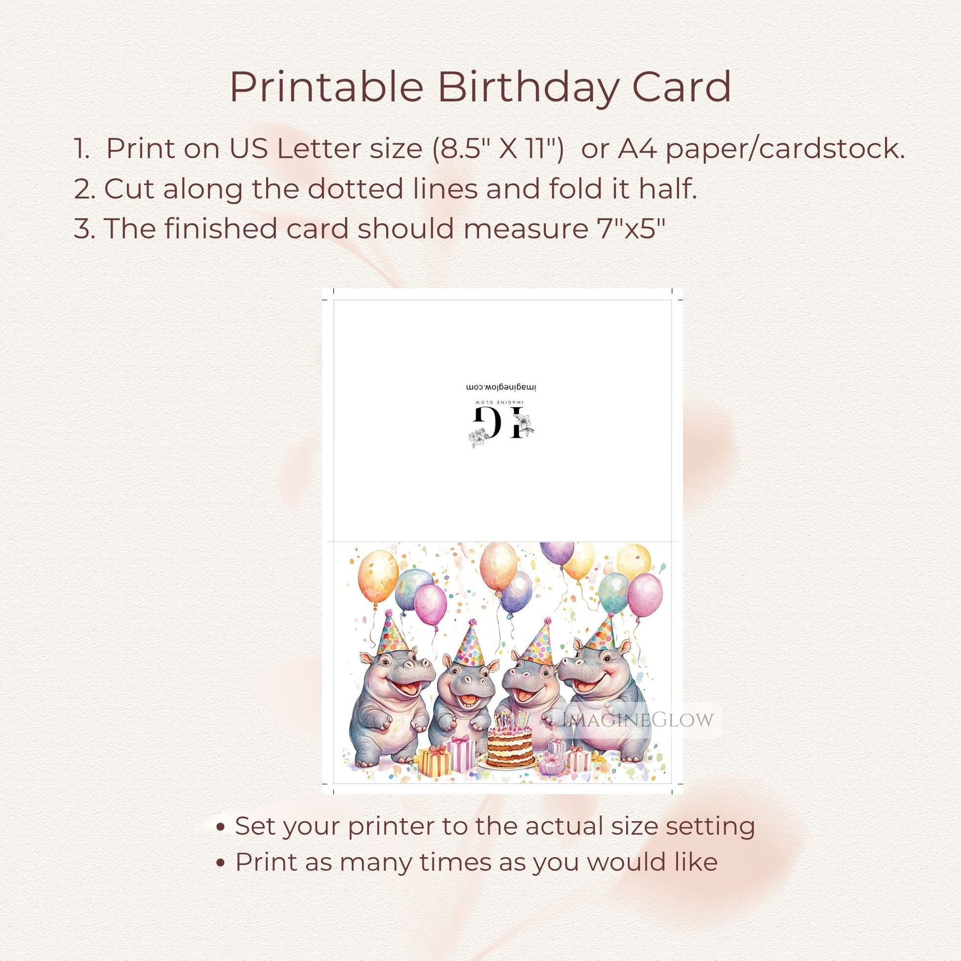 digital download hippo card
blank inside birthday card
friendly hippo illustration
playful hippo birthday card