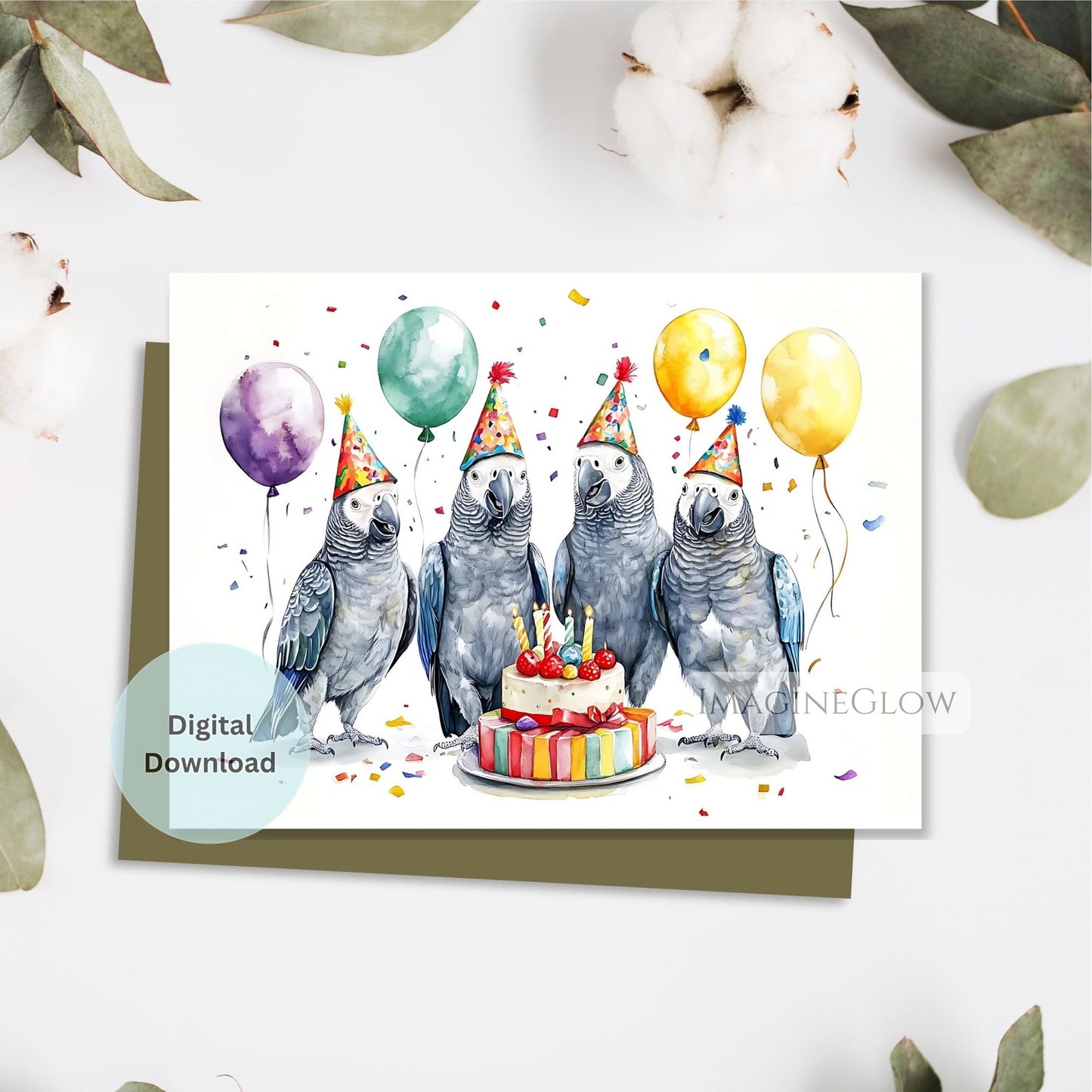 Digital download card with parrots celebrating a birthday, surrounded by balloons and a cake.