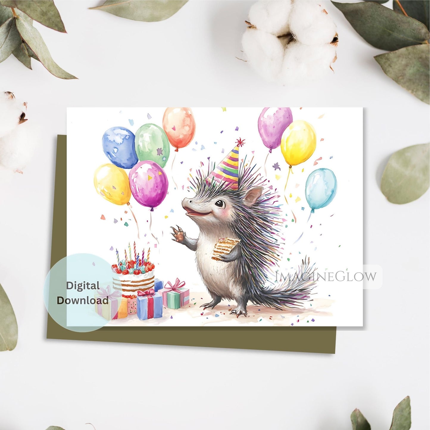 Birthday card with a hedgehog wearing a party hat and balloons on a white background.