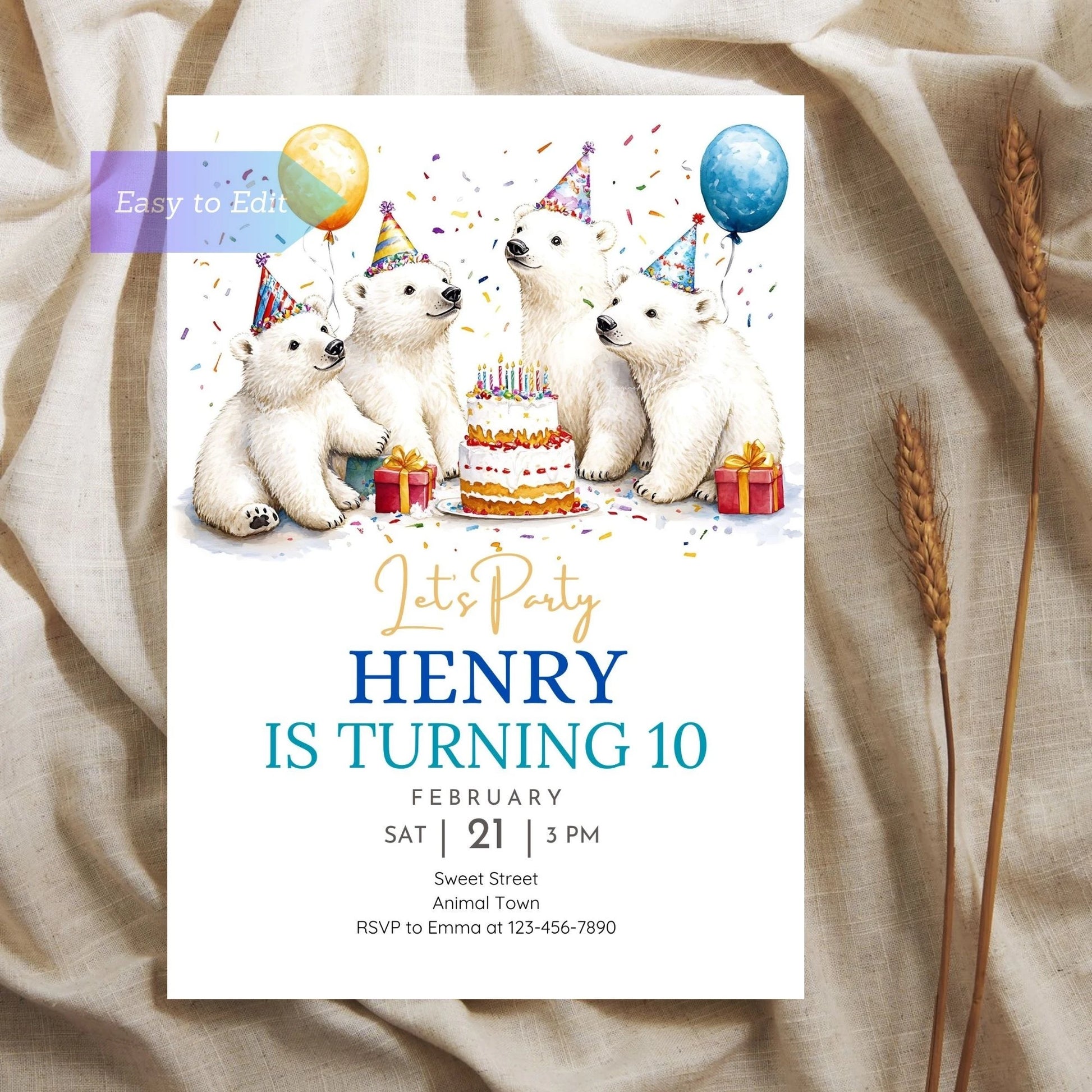 Editable snow-themed polar bear party invite.