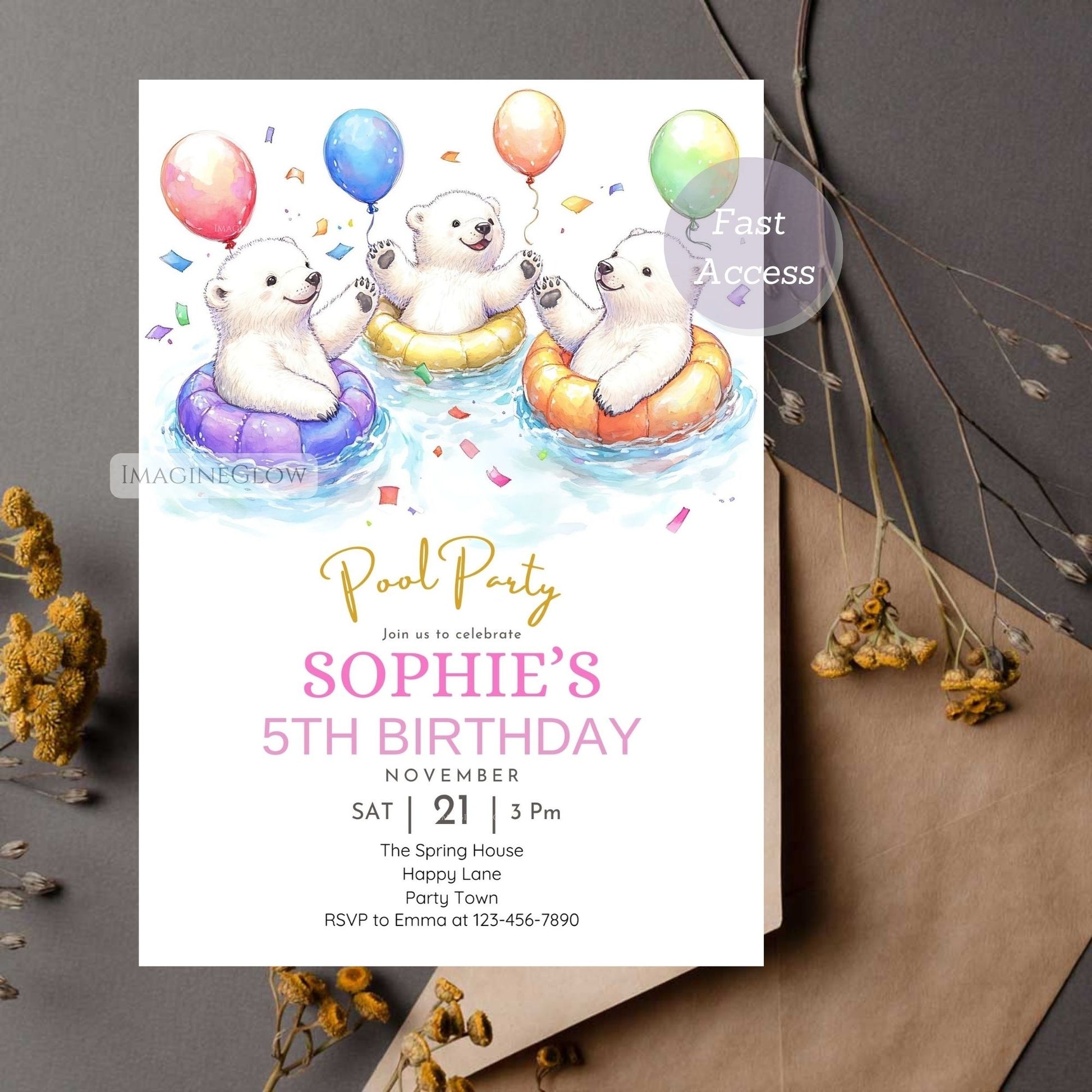 Arctic animal-themed invitation for a summer birthday celebration.