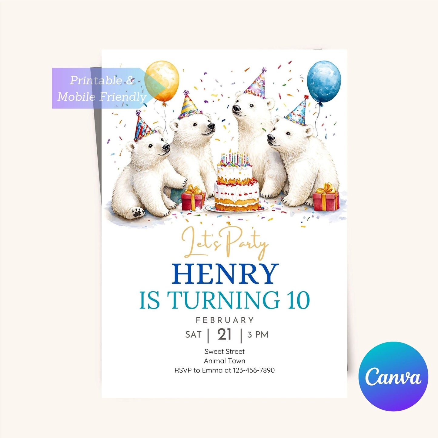 Kids polar bear birthday card with winter design.