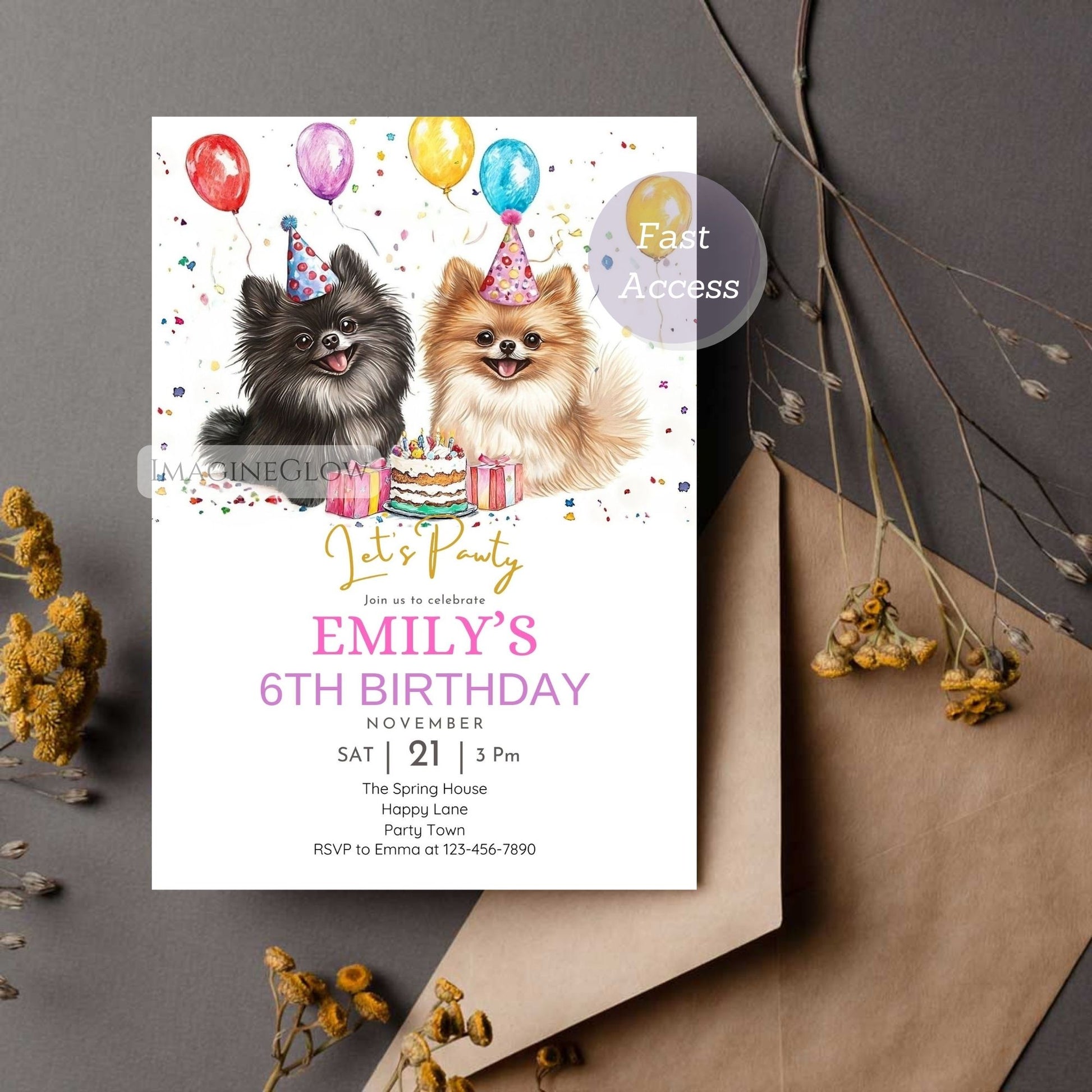 puppy birthday party card
editable Pomeranian invite