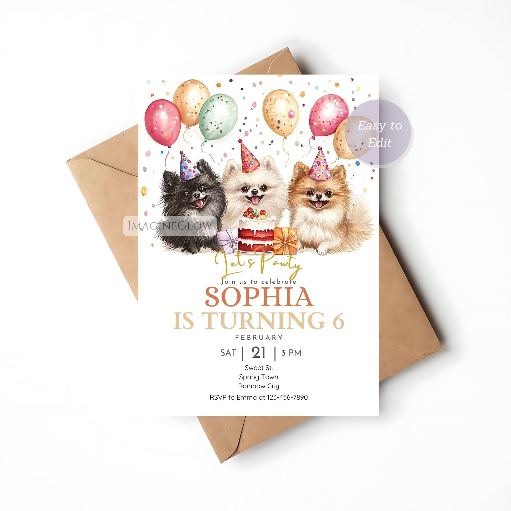 Cute Pomeranian puppy birthday invite
Printable puppy-themed birthday invitation