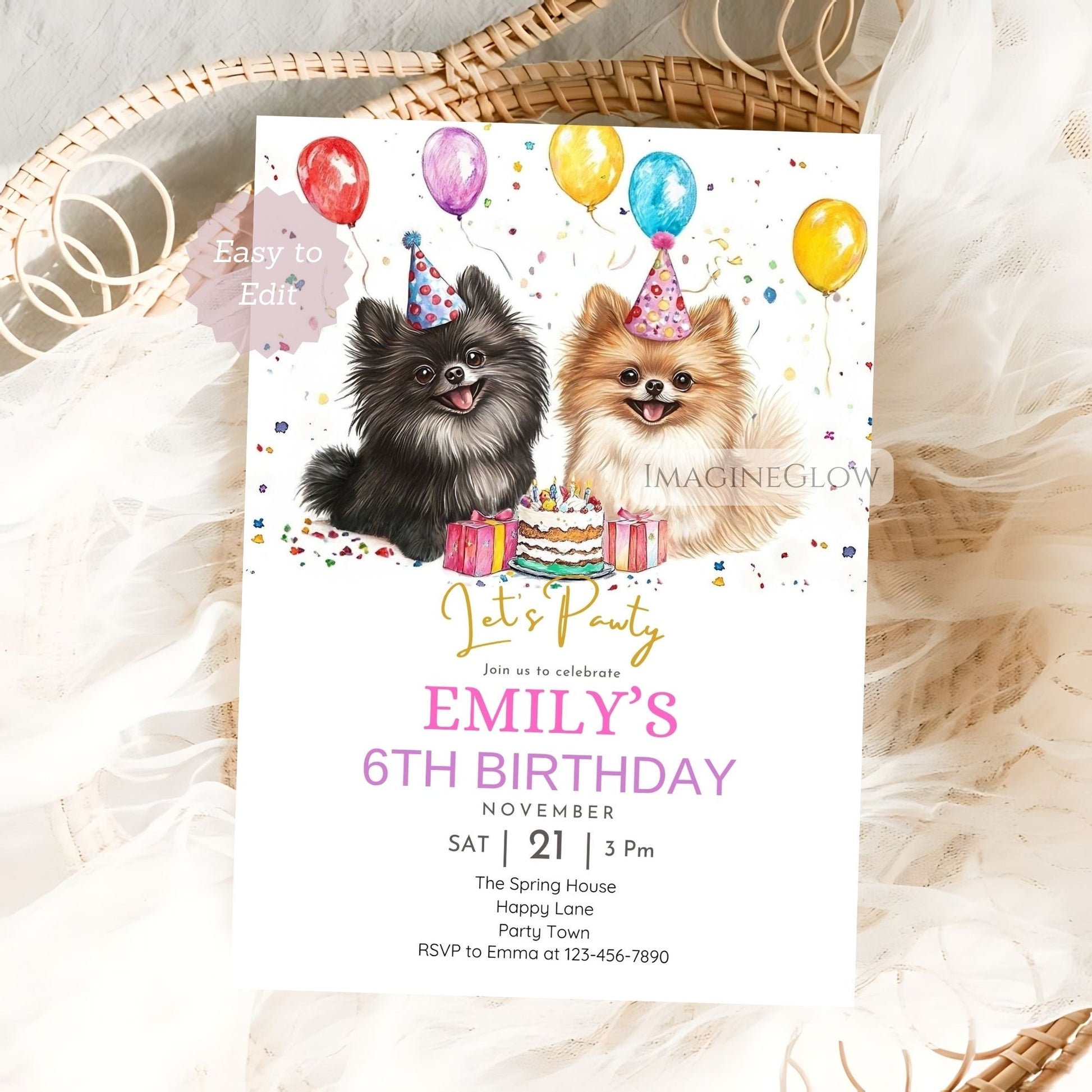 birthday invite with cute Pomeranian