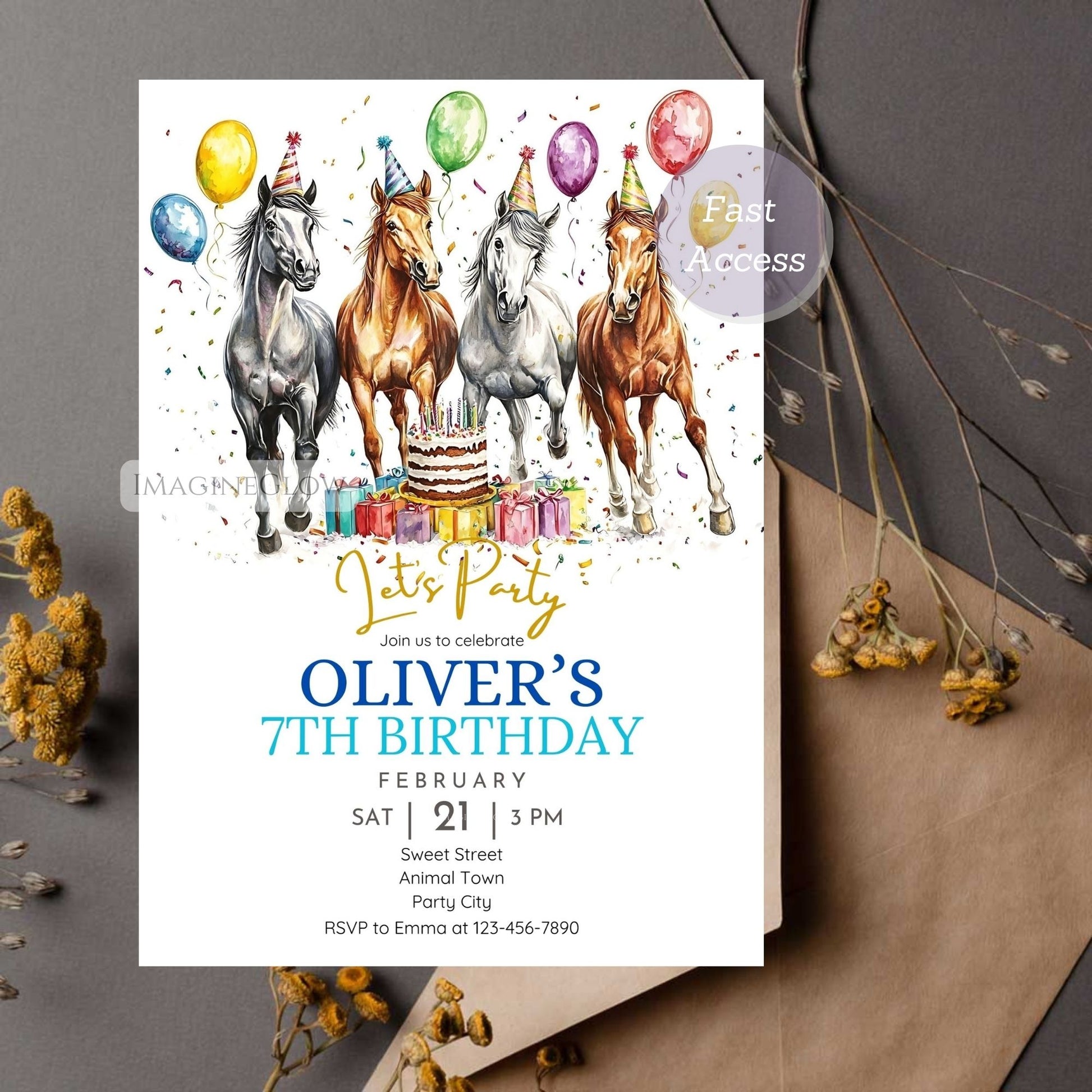 Horse birthday invitation with balloons and cake