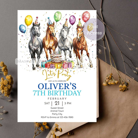 Horse birthday invitation with balloons and cake
