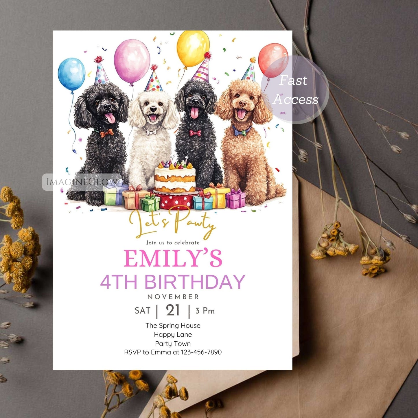 Digital download Poodle birthday invite