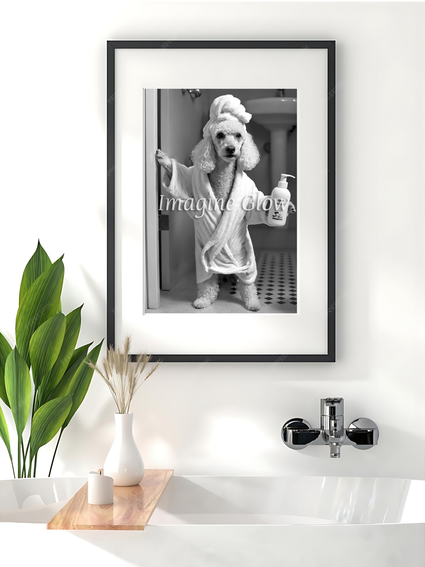 Black and white poodle print for restroom wall art and decor. Washroom print showcasing a poodle as part of animal toilet art.
Funny dog photo of a poodle in a bath tub for quirky wall decor.