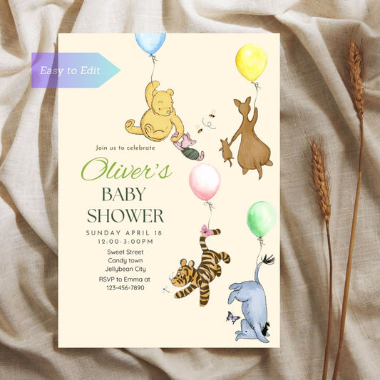 Winnie the Pooh baby shower invitation with balloon design.