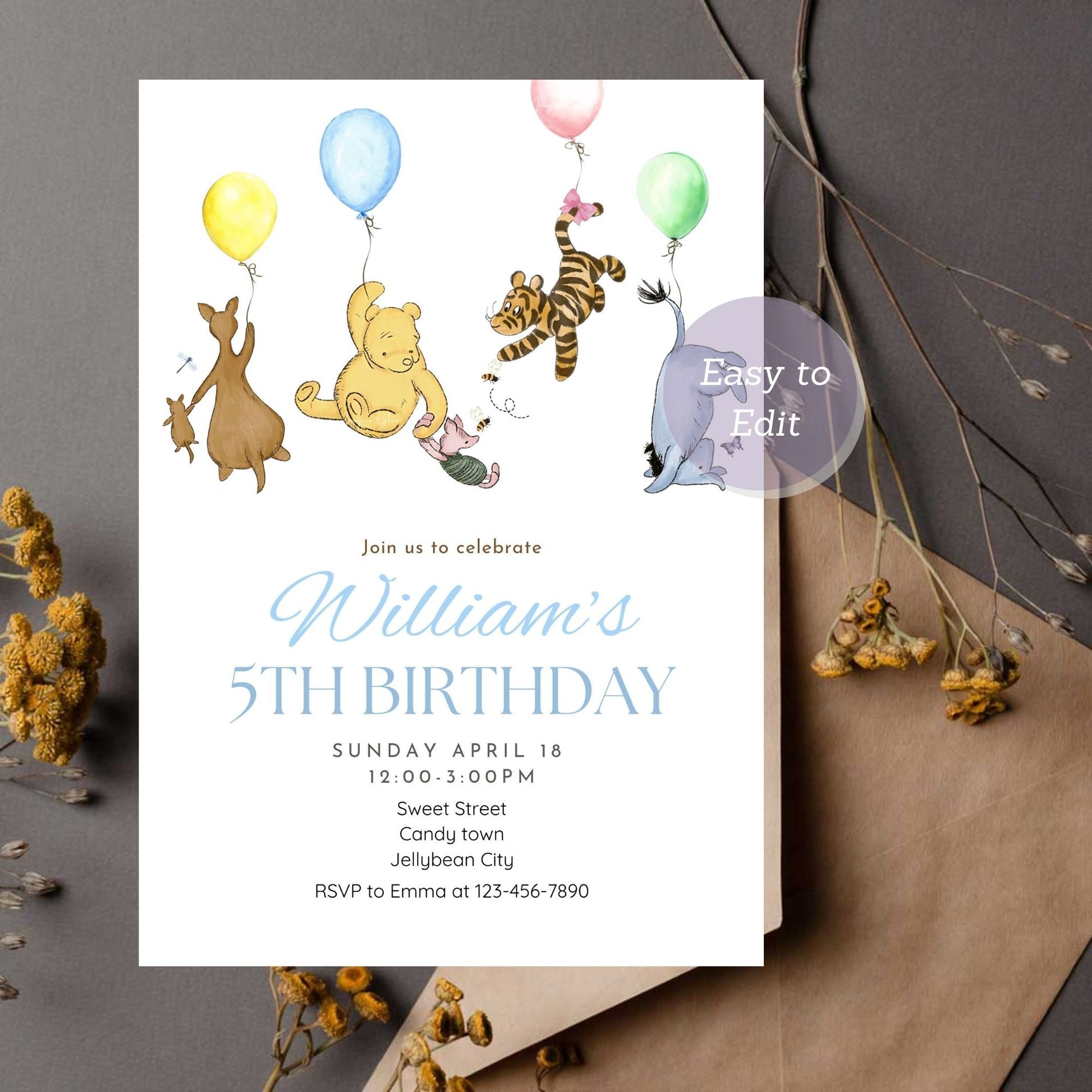 Winnie the Pooh-themed birthday invitation for kids.