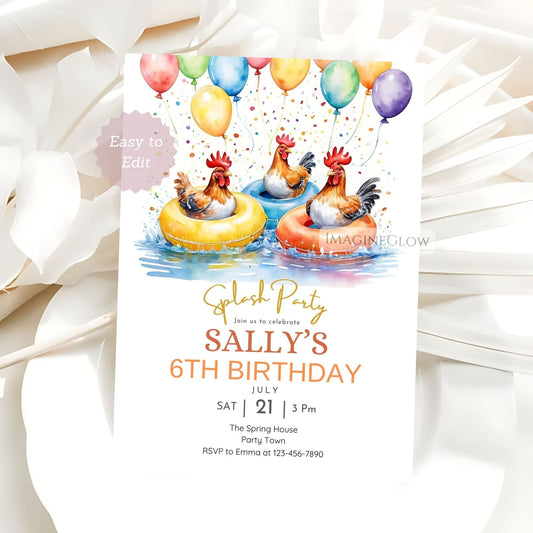 Chicken Pool Party Birthday Invitation – Rooster Swim Party Invite
