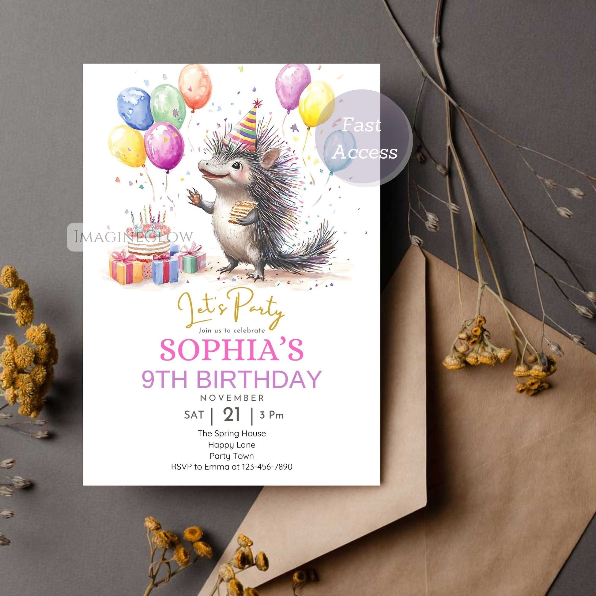 Printable porcupine birthday party card for kids