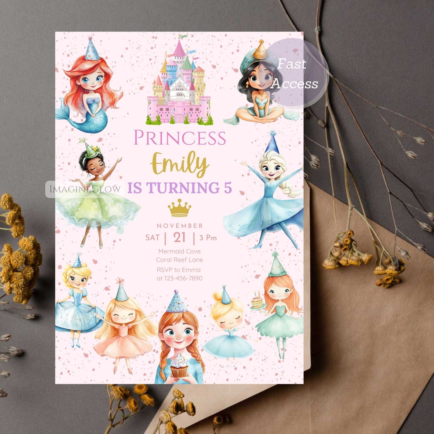 Pink and gold princess birthday invite