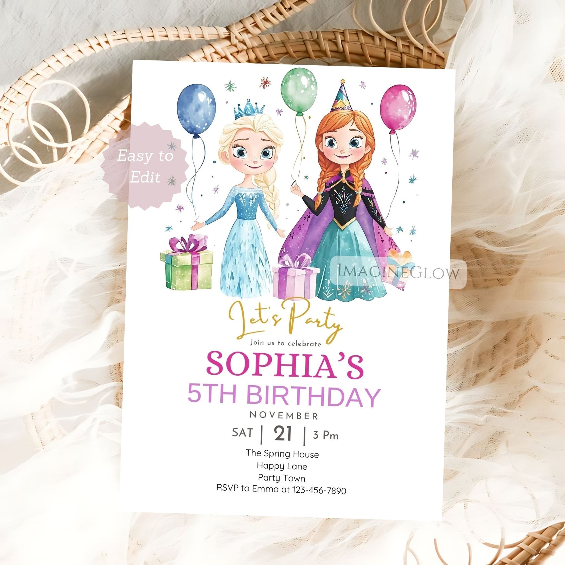 Frozen birthday template for girls
Elsa Anna snow-themed birthday invitation