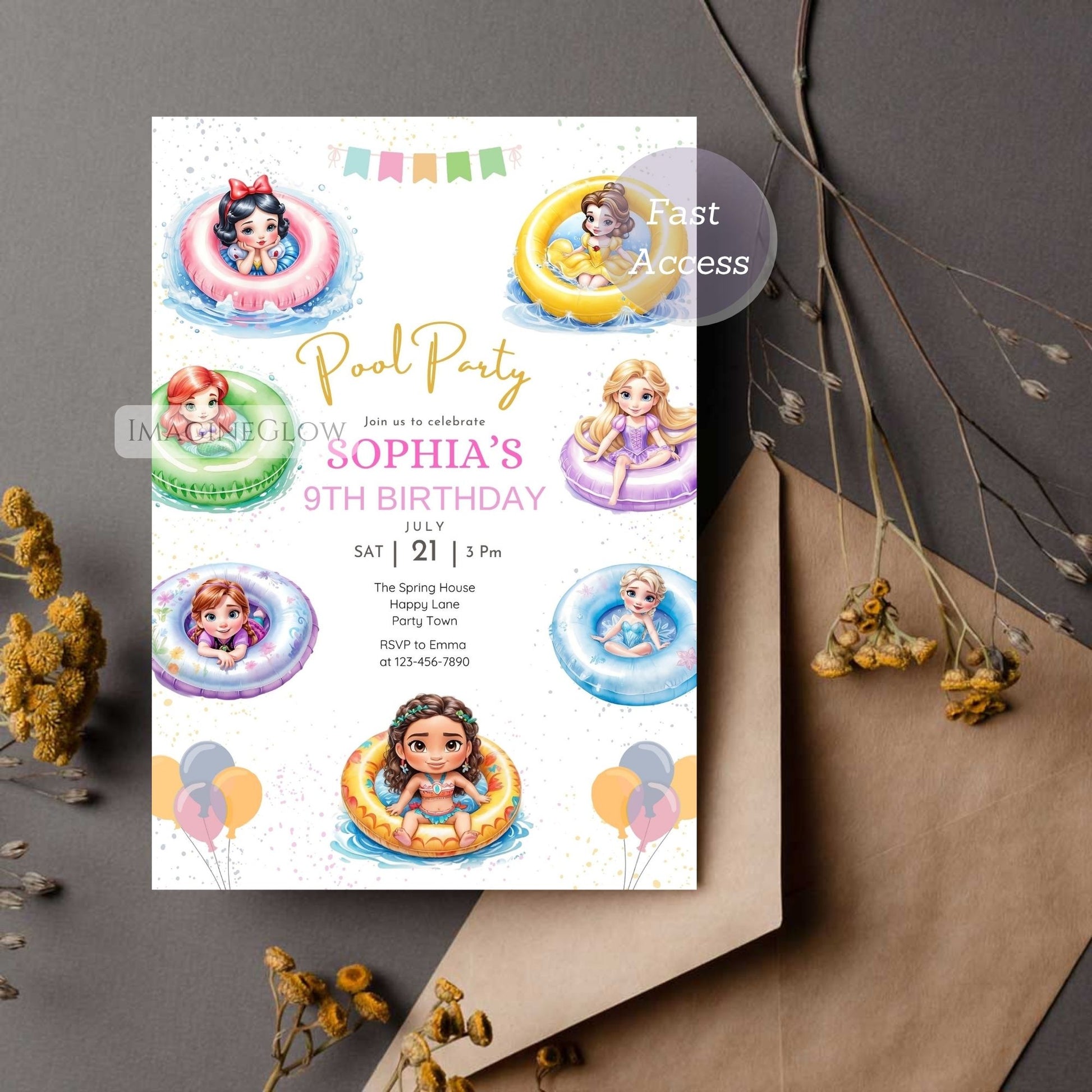 frozen princess pool party template
girl’s birthday water party invitation