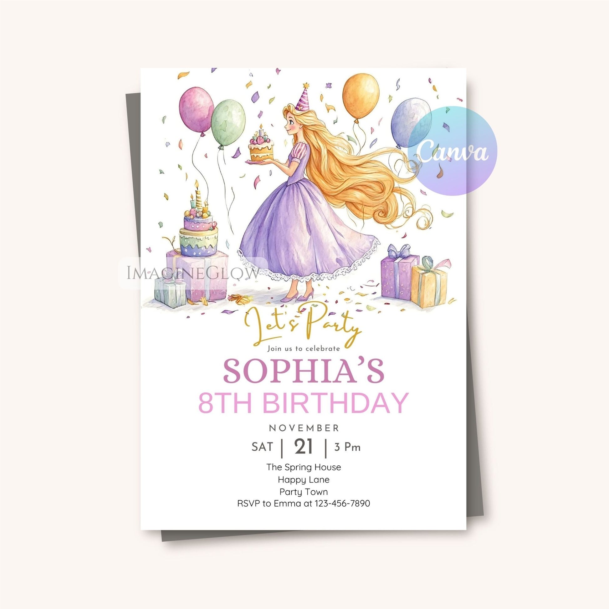 Rapunzel-themed digital invite for kids birthday party