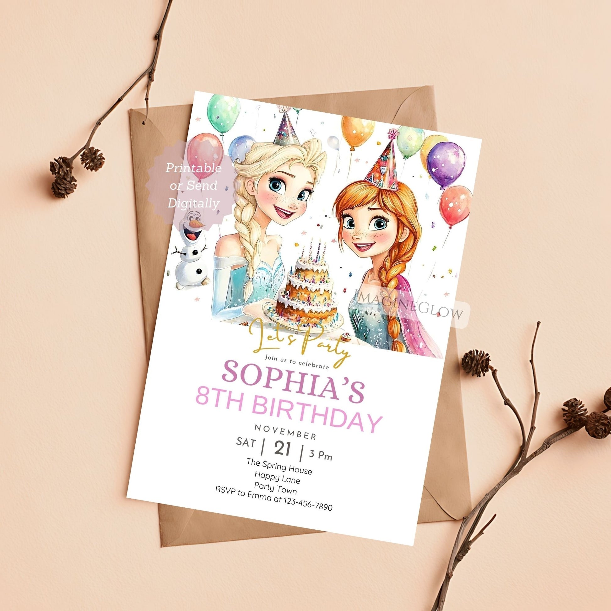 Canva editable invitation with Frozen characters
Magical winter birthday invitation with princesses